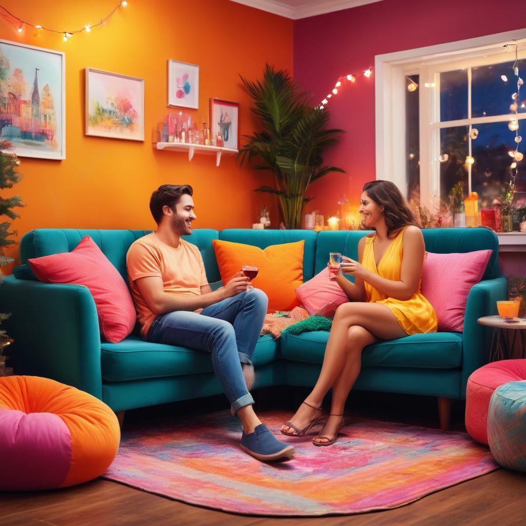 A playful and vibrant illustration featuring a cozy lounge setting, with a couple laughing and sharing flirty glances, surrounded by whimsical decorations like twinkling fairy lights and colorful cushions. Include elements like cocktails in hand, playful games, and flirty conversation bubbles to capture the essence of fun adult experiences. The background should feel warm and inviting, suggesting intimacy and joy. bright colors. digital art. soft focus.