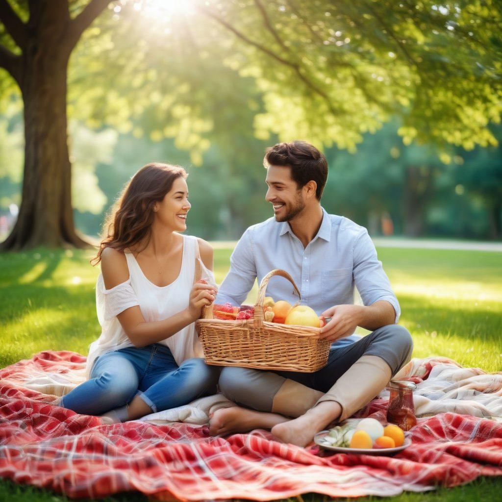 A cheerful couple enjoying a picnic in a park, surrounded by vibrant greenery, laughter, and playful interactions. Include elements like a picnic basket filled with snacks and a casual blanket, symbolizing fun and intimacy. Showcase a sunny day with soft shadows and gentle light filtering through the trees. Capture the essence of casual dating with subtle romantic gestures like holding hands or sharing a smile. vibrant colors. soft focus.