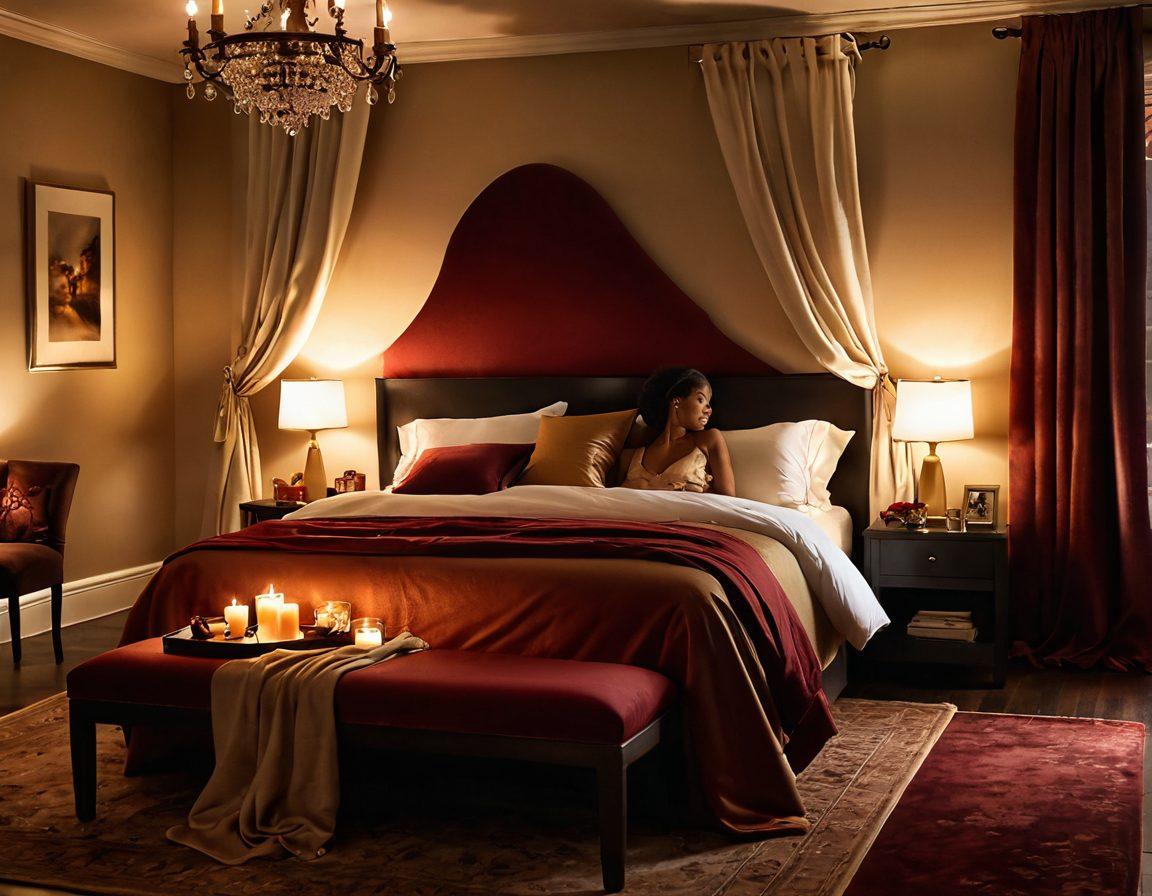 A captivating scene featuring a candle-lit, intimate bedroom setting, adorned with plush fabrics and soft, inviting textures. Subtle silhouettes of diverse couples engaging in tender moments convey warmth and connection, highlighting a journey of sensuality. Soft, ambient lighting creates an enchanting atmosphere, with a tasteful hint of eroticism. Luxurious colors like deep reds and golds enhance the allure. super-realistic. warm tones. cozy atmosphere.